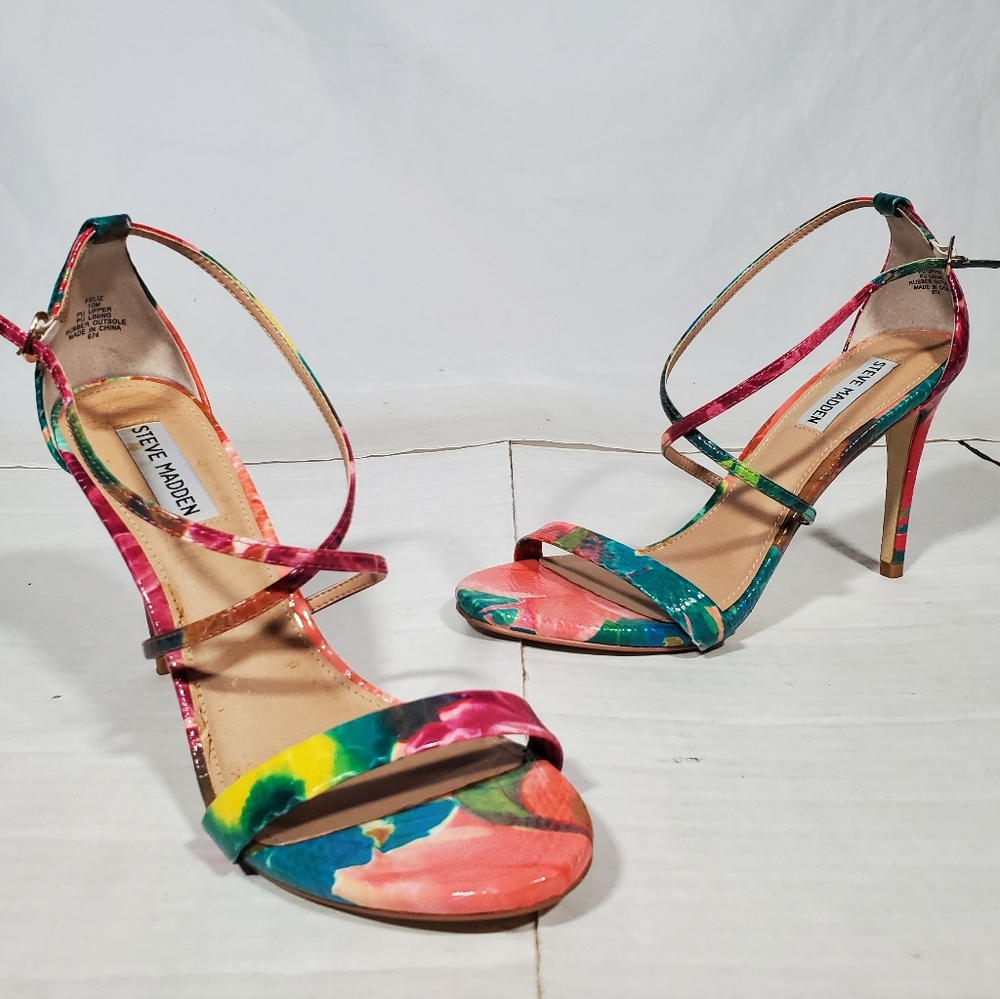 STEVE MADDEN FELIZ FLORAL SNAKESKIN TEXTURE HEELS STILETTO STRAPPY ANKLE